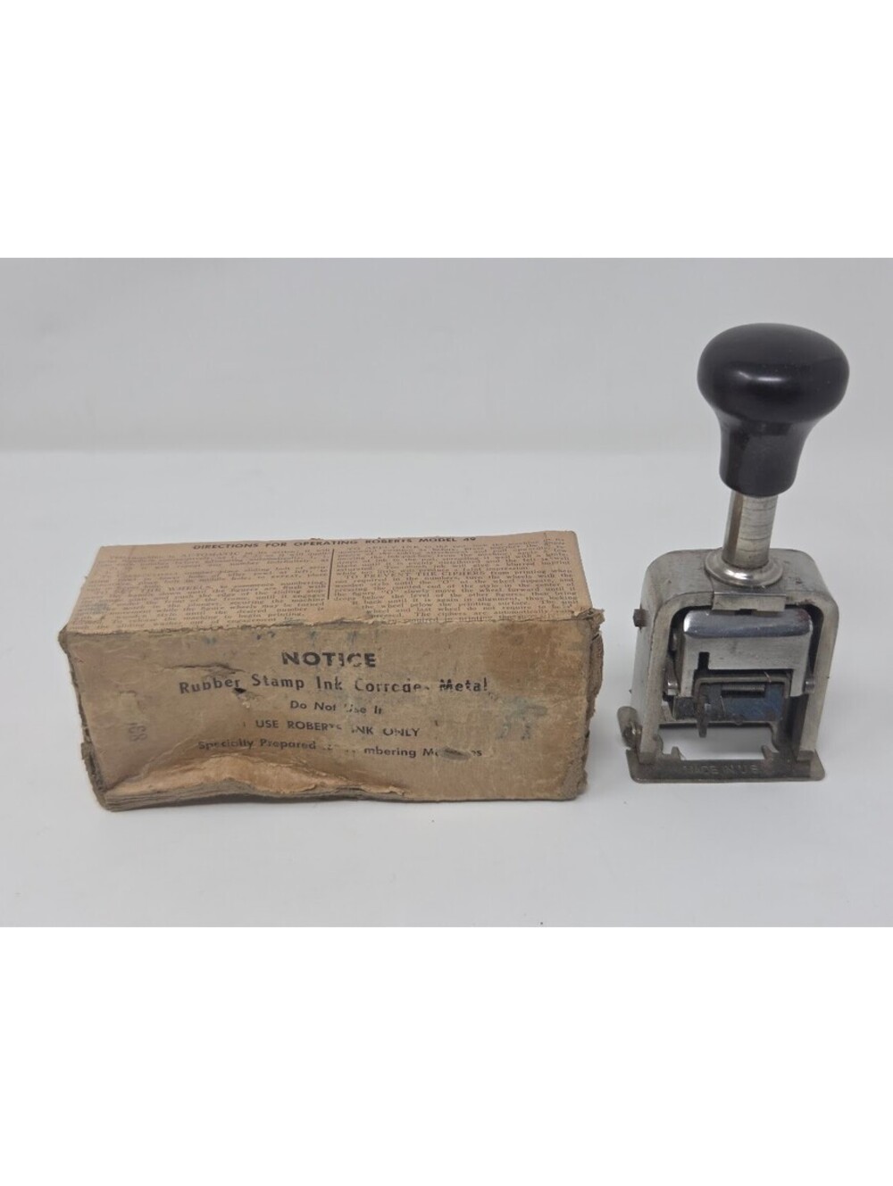 Roberts Model 49 Numbering Machine With Original Box Metal Stamp Tool